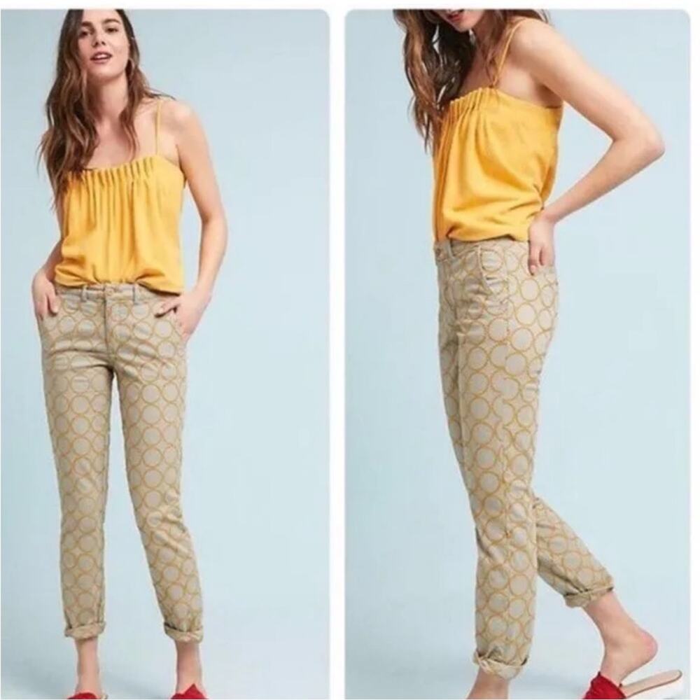 Anthropologie Relaxed Chino Ankle Pants Yellow Embroidered Circle Size 26 - Picture 1 of 8